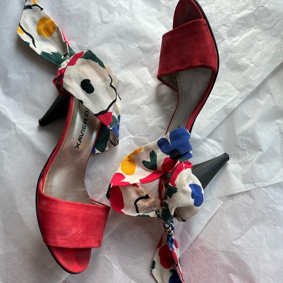 VTG 80s Xavier Denaud red suede heels scarf strap sz 8 Paris Made in Spain - Picture 6 of 14